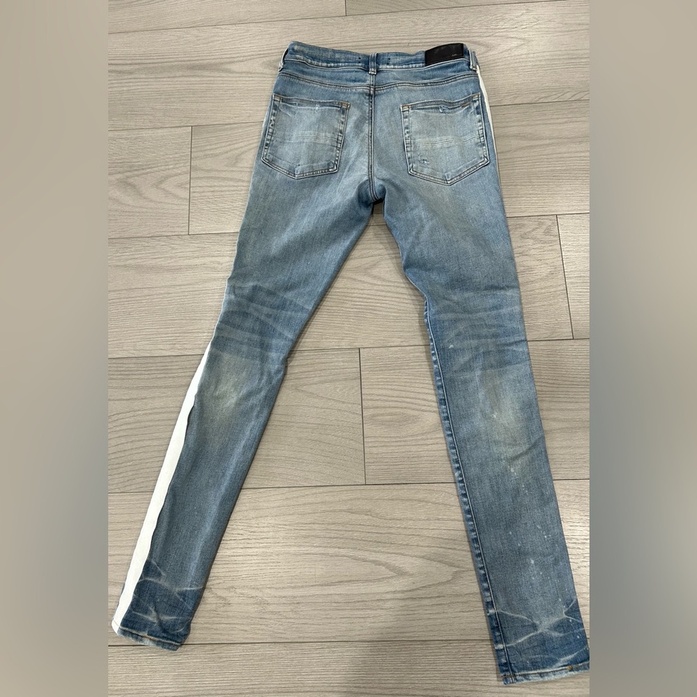 Amiri Broken Track distressed Skinny jeans w/white Stripe - Picture 2 of 16